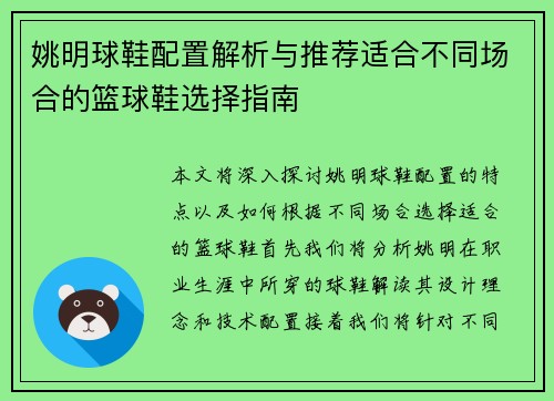 姚明球鞋配置解析与推荐适合不同场合的篮球鞋选择指南